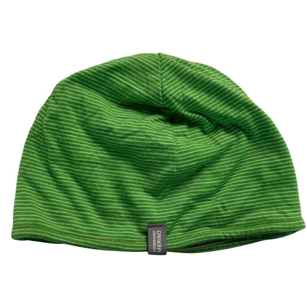 Icebreaker Merino Wool Beanie Hat Green White Striped Lightweight Skull Cap